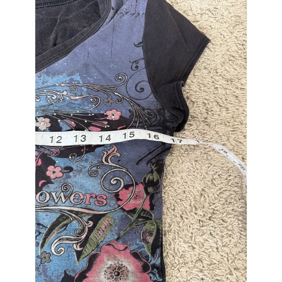 Womens Y2K Wild Flowers Butterfly Graphic Baby Tee Rhinestone Henley 2000s M - Picture 6 of 8